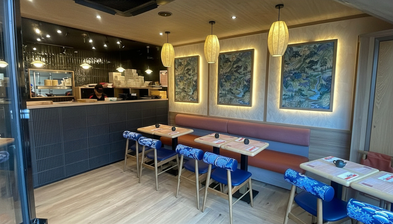 Cafe interior with a dark counter and open kitchen on the left, blue patterned chairs, and a long red bench under three framed blue artworks with warm lighting.