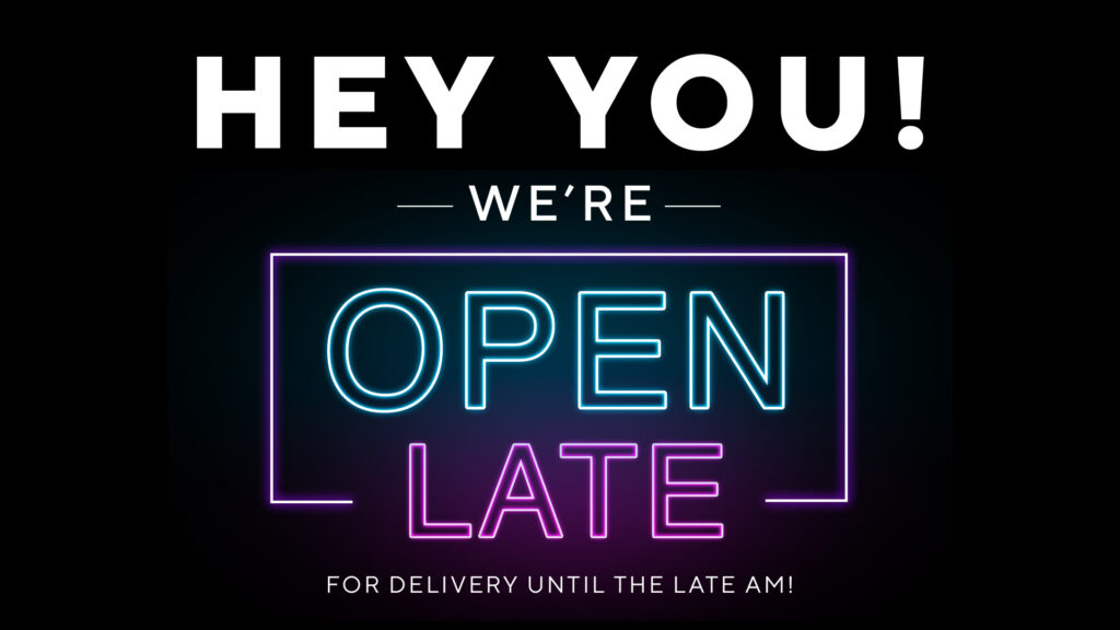 TSC_June CRM_open late 1920x1080 - The Sushi Co - The Sushi Co Neon sign graphic saying 'OPEN LATE' in cyan/purple with a glowing frame; bottom text mentions delivery until late night hours.