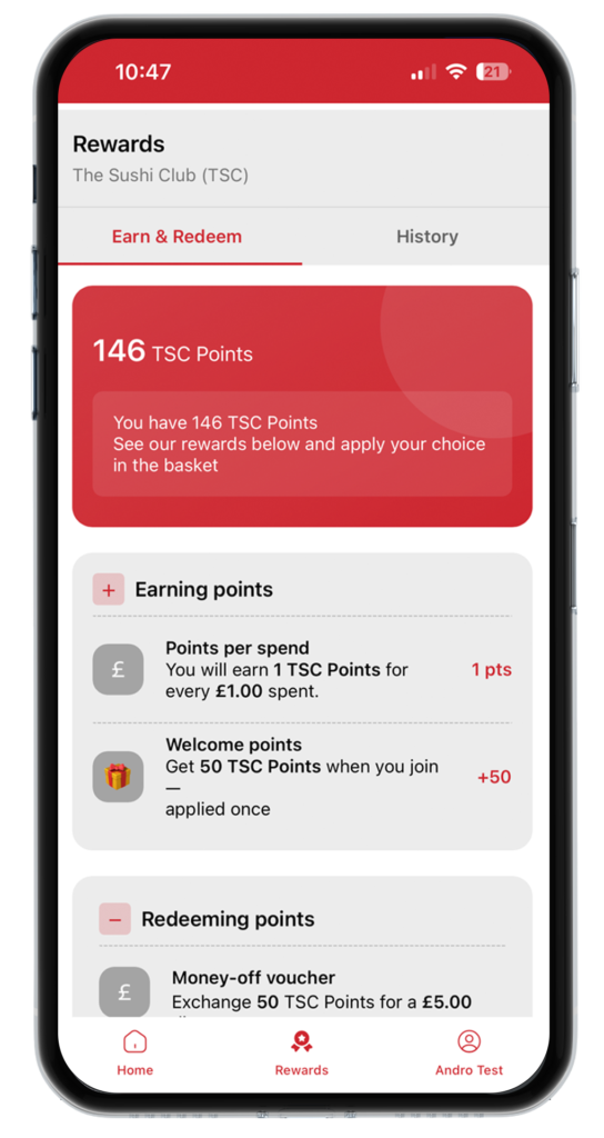 Rewards screen of The Sushi Club app showing 146 TSC Points and a red points banner; sections for earning and redeeming points with a gray list below, and bottom navigation (Home, Rewards, Andro Test).
