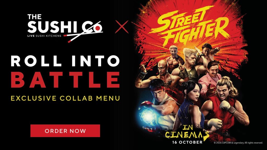 Split poster: left side shows The Sushi Co logo with 'ROLL INTO BATTLE' and 'EXCLUSIVE COLLAB MENU' and a red 'ORDER NOW' button; right side shows a Street Fighter movie poster with multiple fighters and a bold yellow logo against a red splash background.