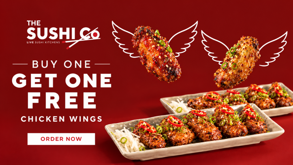 Promotional banner: Buy One Get One Free chicken wings on a red background with wing graphics and an Order Now button.