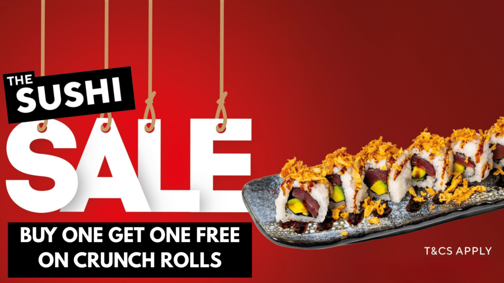 Promotional banner for a sushi sale: red background, large white 'SALE' letters, hanging tags, and sushi rolls on the right with a 'Buy one get one free' message on black bars.